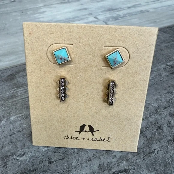 Chloe + Isabel Earrings Set | Turquoise & Crystal Studs | Nickel Free | NWT - Picture 4 of 6